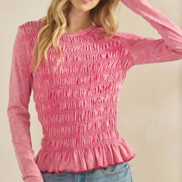 SF22 Navy or Pink Sage&Fig Smocked Peplum Long Sleeve Top - Picture 1 of 5